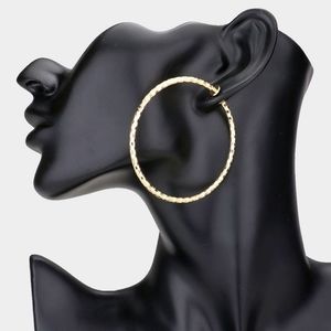 Gold Clip On Hoop Earrings 2.25 Inches Casual Simple Style Textured Jewelry